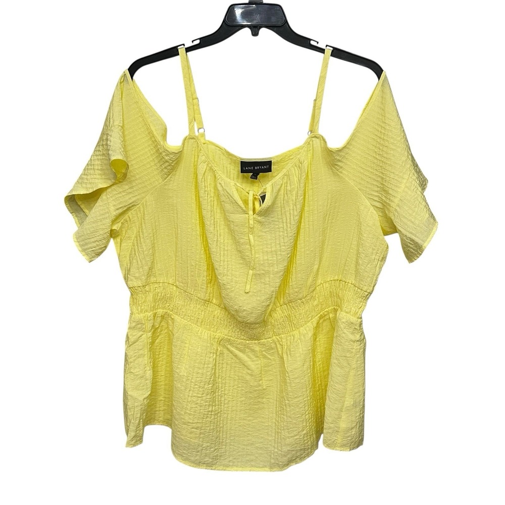 Lane Bryant Top Womens Size 22 Yellow Cold Shoulder Blouse Smocked Waist Crinkle